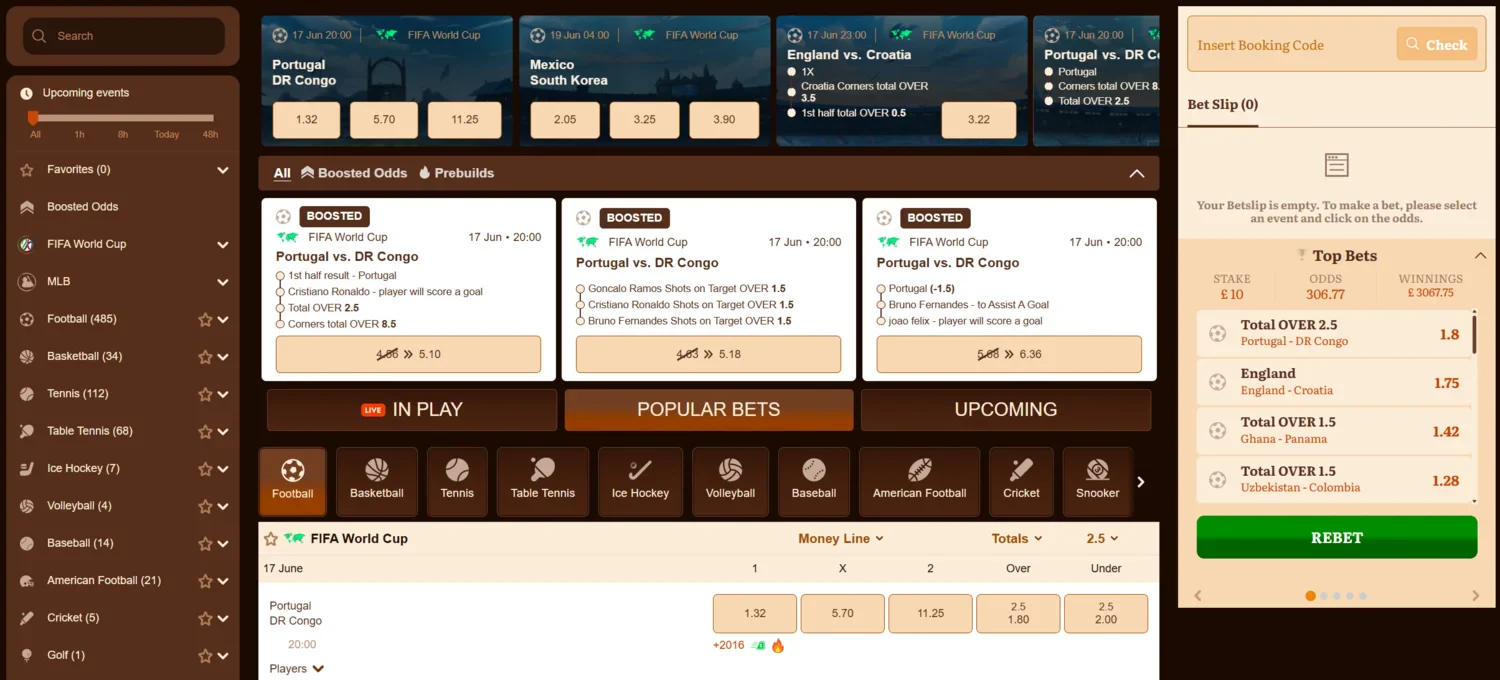 Sports and esports betting options at Wildrobin